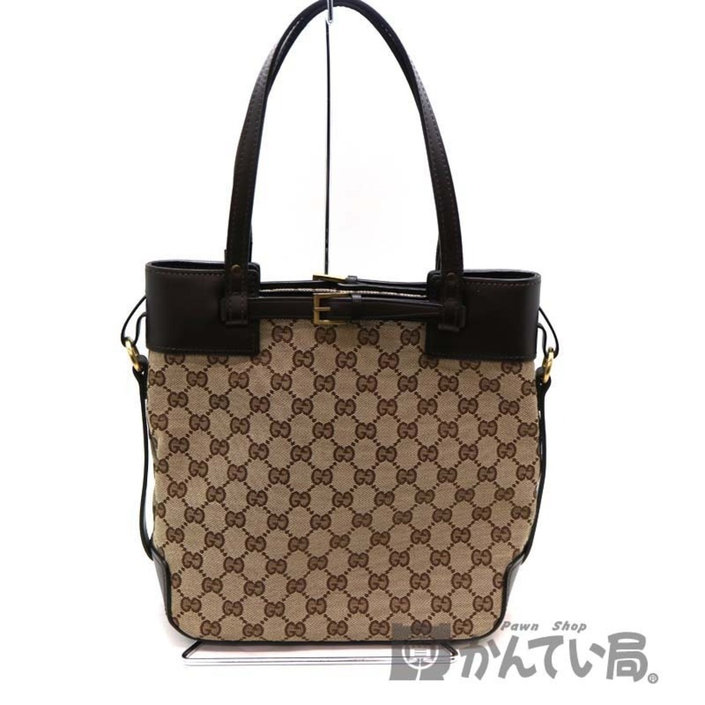 GUCCI Tote Bag Canvas Leather Brown Beige